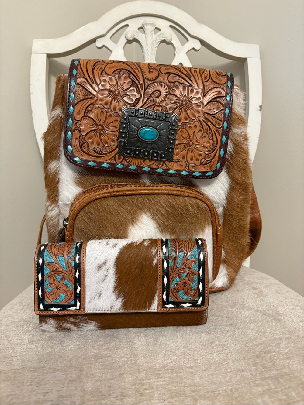 Handcrafted Floral Tooled Cowhide Crossbody Bag in Brown and Turquoise